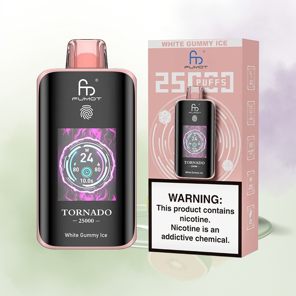 Fumot Tornado 25000 Pūšu Balta Gumiņu Ledus ar 20ml E-šķidruma un HD Ekrānu