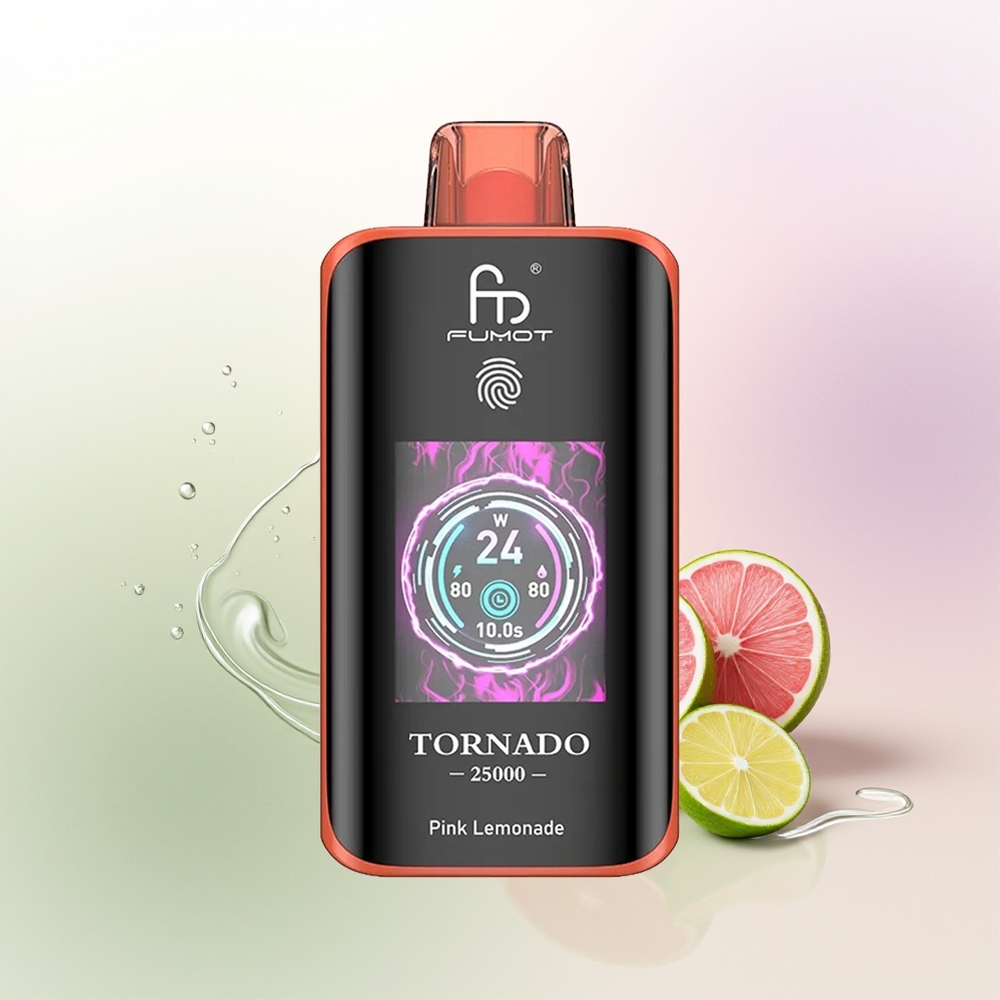 Fumot Tornado 25000 Pūšu Rozā Citronāde HD Ekrāns Type-C Uzlāde