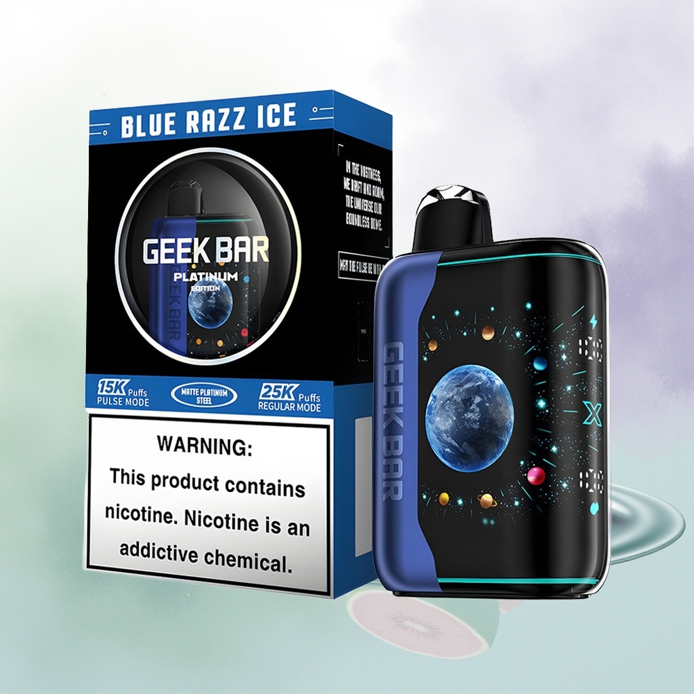 GEEK BAR Platinum Edition 25000 Puffi Zilā Aveņu Ledus ar 20mL E-Liquid un Premium Matte Platinum Steel Finish